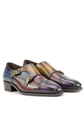 Ambrogio Handmade Custom Denim, Cognac, Purple & Burgundy Patina Leather Monk-Straps Loafers (AMB2227)-AmbrogioShoes