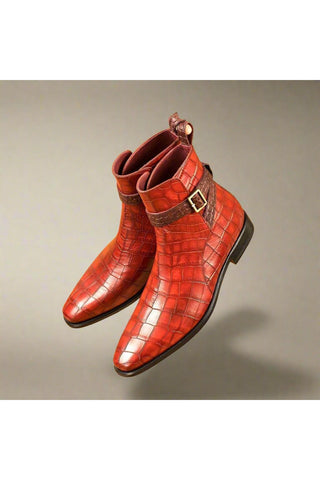 Ambrogio Red & Burgundy Crocodile Embossed / Calf-Skin Leather Jodhpur Boots (AMB1706)-AmbrogioShoes