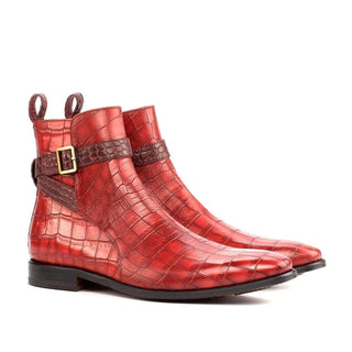 Ambrogio Red & Burgundy Crocodile Print / Calf-Skin Leather Jodhpur Boots (AMB1706)-AmbrogioShoes