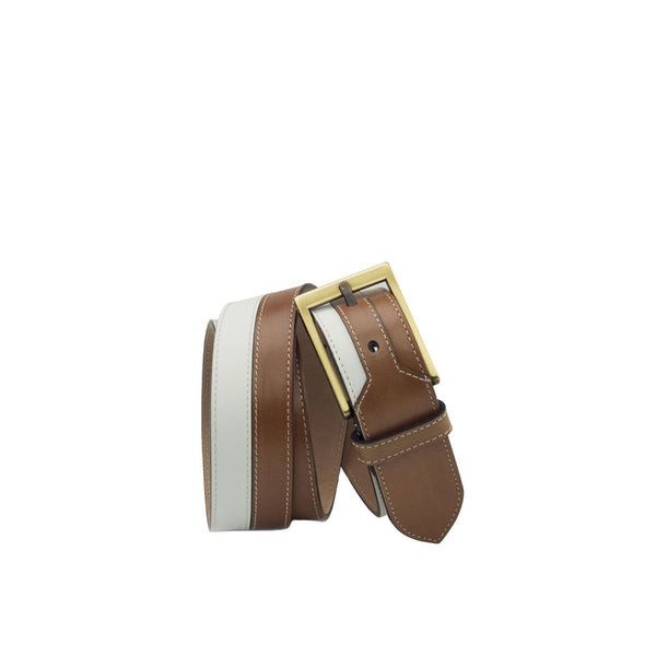 Ambrogio 2946 White & Brown Calf-SKin Leather Marseille Men's Belt (AMBB1025)-AmbrogioShoes