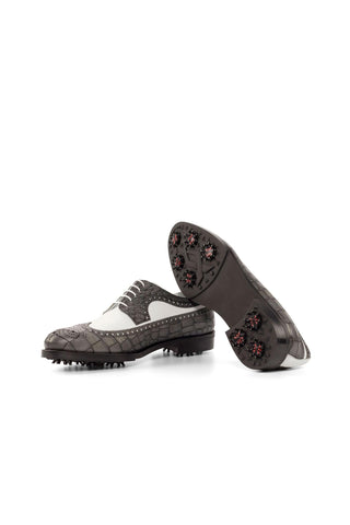 Ambrogio White & Gray Crocodile Embossed / Calf-Skin Leather Wingtip Oxfords (AMB2087)-AmbrogioShoes