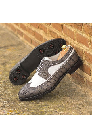 Ambrogio White & Gray Crocodile Embossed / Calf-Skin Leather Wingtip Oxfords (AMB2087)-AmbrogioShoes