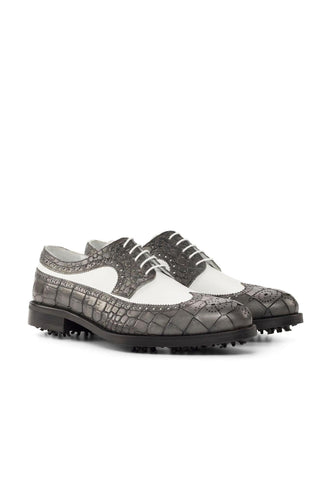 Ambrogio White & Gray Crocodile Embossed / Calf-Skin Leather Wingtip Oxfords (AMB2087)-AmbrogioShoes