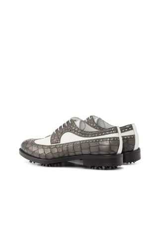 Ambrogio White & Gray Crocodile Print / Calf-Skin Leather Wingtip Oxfords (AMB2087)-AmbrogioShoes