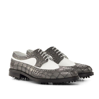 Ambrogio White & Gray Crocodile Print / Calf-Skin Leather Wingtip Oxfords (AMB2087)-AmbrogioShoes