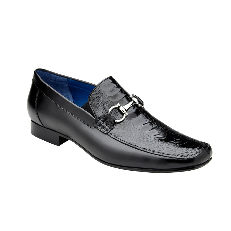 Belvedere Bruno 1026 Men's Shoes Black Exotic Ostrich / Calf-Skin Leather Horsebit Split-Toe Loafers (BV3072)-AmbrogioShoes