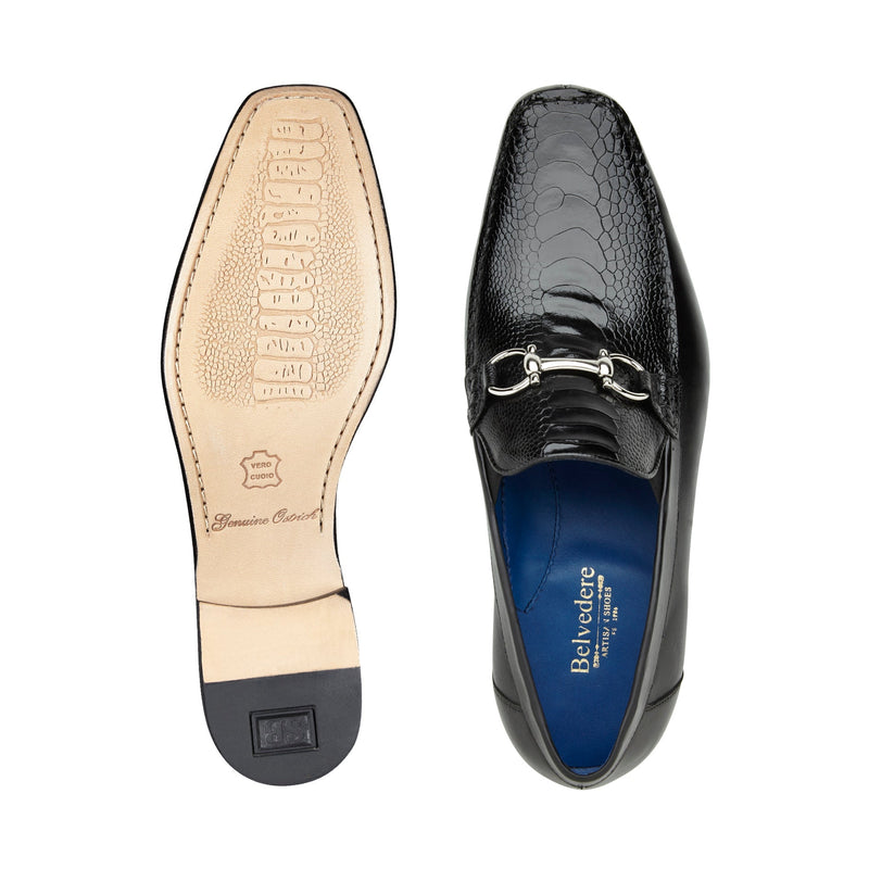 Belvedere Bruno 1026 Men's Shoes Black Exotic Ostrich / Calf-Skin Leather Horsebit Split-Toe Loafers (BV3072)-AmbrogioShoes