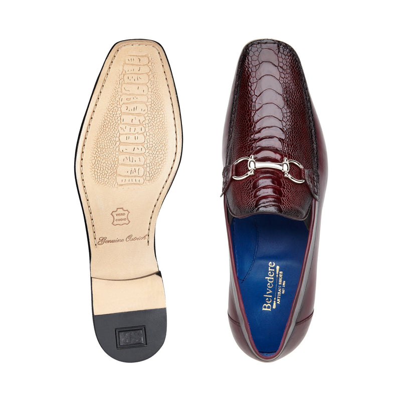 Belvedere Bruno 1026 Men's Shoes Dark Burgundy Exotic Ostrich / Calf-Skin Leather Horsebit Split-Toe Loafers (BV3073)-AmbrogioShoes