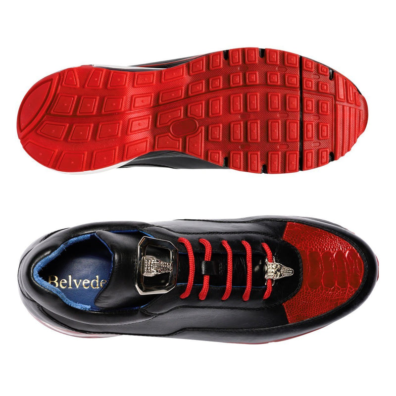 Belvedere E01 Flash Men's Shoes Black & Red Exotic Ostrich / Calf-Skin Leather Casual Sneakers (BV2966)-AmbrogioShoes