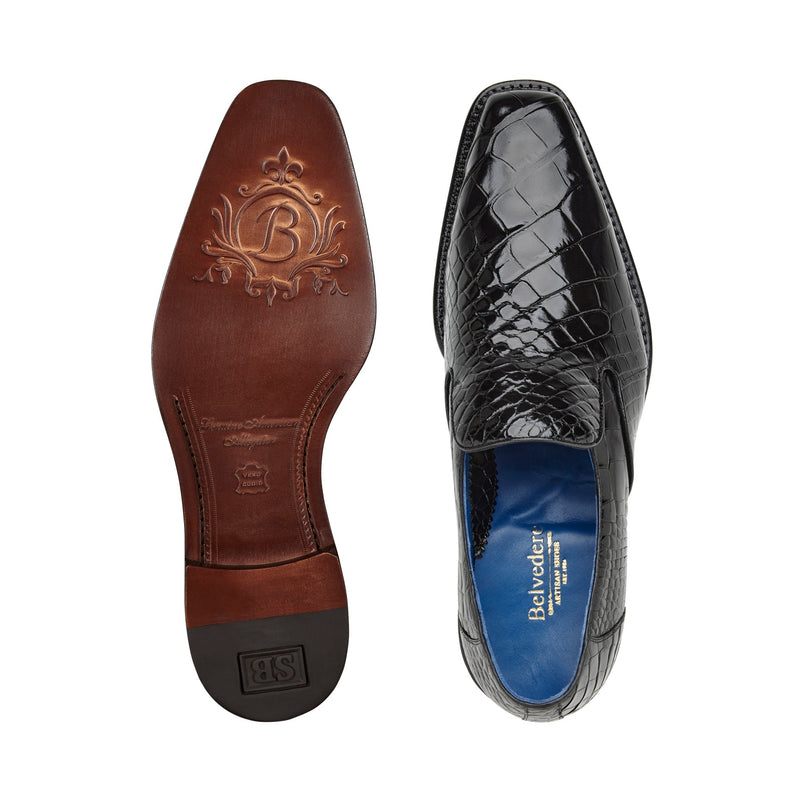 Belvedere Genova R53 Men's Designer Shoes Black Exotic Alligator Slip-On Loafers (BV3099)-AmbrogioShoes