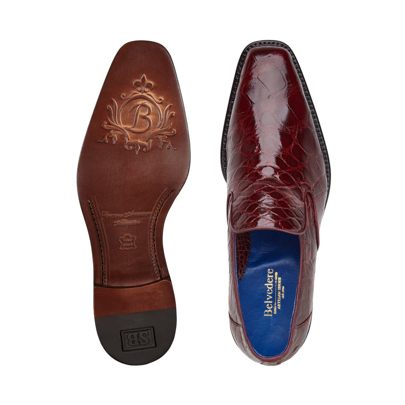 Belvedere Genova R53 Men's Designer Shoes Dark Burgundy Exotic Alligator Slip-On Loafers (BV3101)-AmbrogioShoes