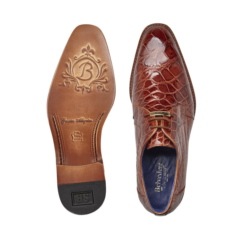 Belvedere N01 Amato Men's Shoes Antique Brandy Exotic Alligator Derby Oxfords (BV3024)-AmbrogioShoes