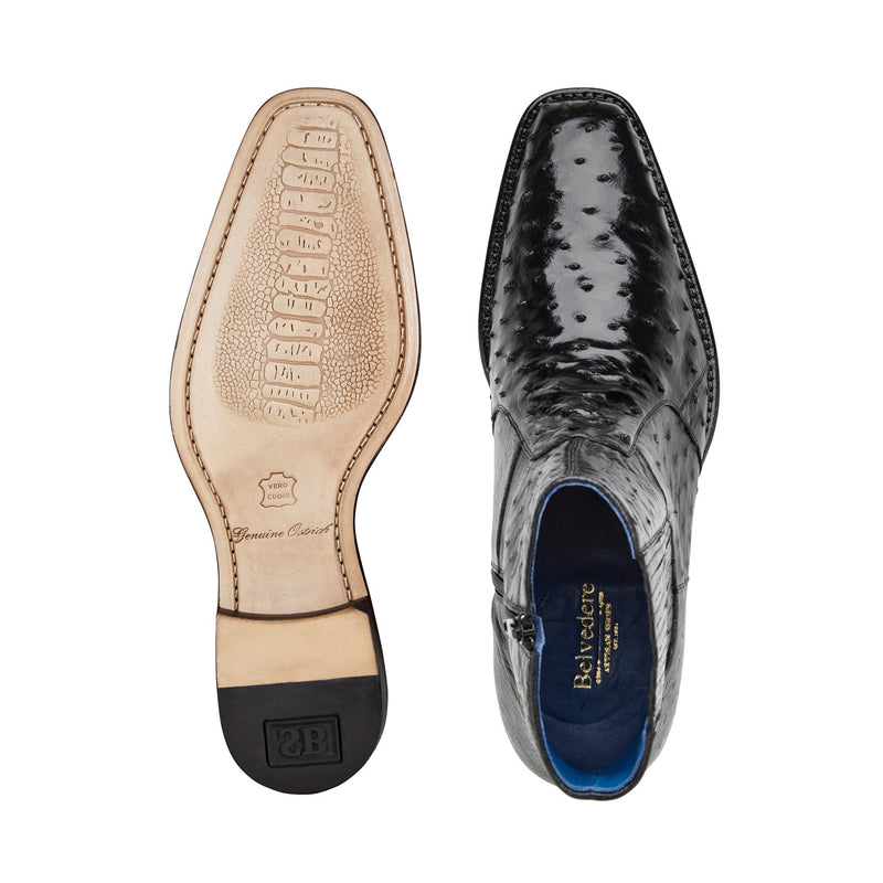 Belvedere Roger R55 Shoes Men's Black Genuine Ostrich Ankle Zipper Boots (BV3107)-AmbrogioShoes