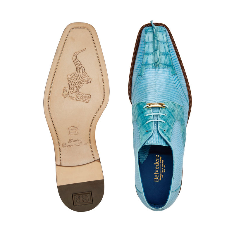 Belvedere Valter 1480 Men's Shoes Summer Blue Exotic Caiman Crocodile / Lizard Derby Oxfords (BV3089)-AmbrogioShoes