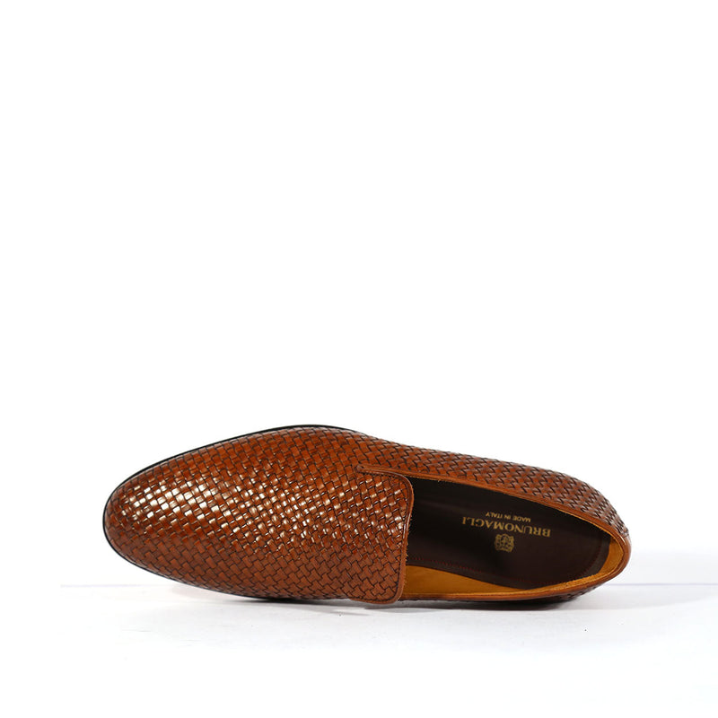 Bruno Magli Picasso Men's Shoes Cognac Italian Woven Leather Slip on Loafers (BMS1009)-AmbrogioShoes