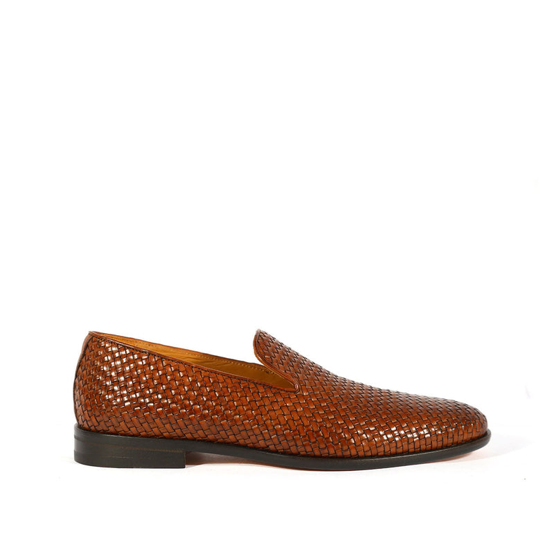 Bruno Magli Picasso Men's Shoes Cognac Italian Woven Leather Slip on Loafers (BMS1009)-AmbrogioShoes