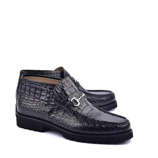 Corrente 5786 Men's Shoes Black Crocodile Print / Calf-Skin Leather Horse-Bit Boots (CRT1454)-AmbrogioShoes