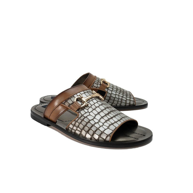 Corrente C003 5827 Men's Shoes Brown & Silver Crocodile Print / Calf-Skin Leather Slip-On Sandals (CRT1253)-AmbrogioShoes