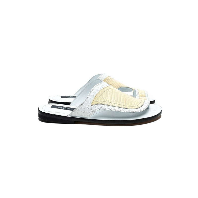 Corrente C006 5831 Men's Shoes White & Cream Crocodile & Lizard Print Slip-On Sandals (CRT1257)-AmbrogioShoes