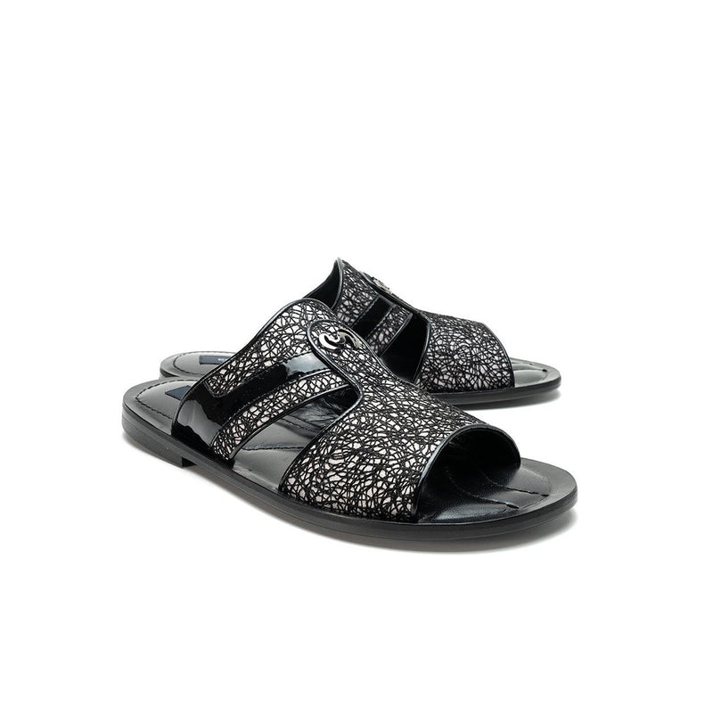 Corrente C007 5829 Men's Shoes Black Fabric / Patent Leather Slip-On Sandals (CRT1258)-AmbrogioShoes