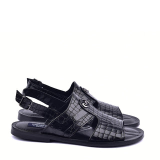 Corrente C0074 5829S Men's Shoes Black Ostrich Leather Sole Sandal (CRT1324)-AmbrogioShoes