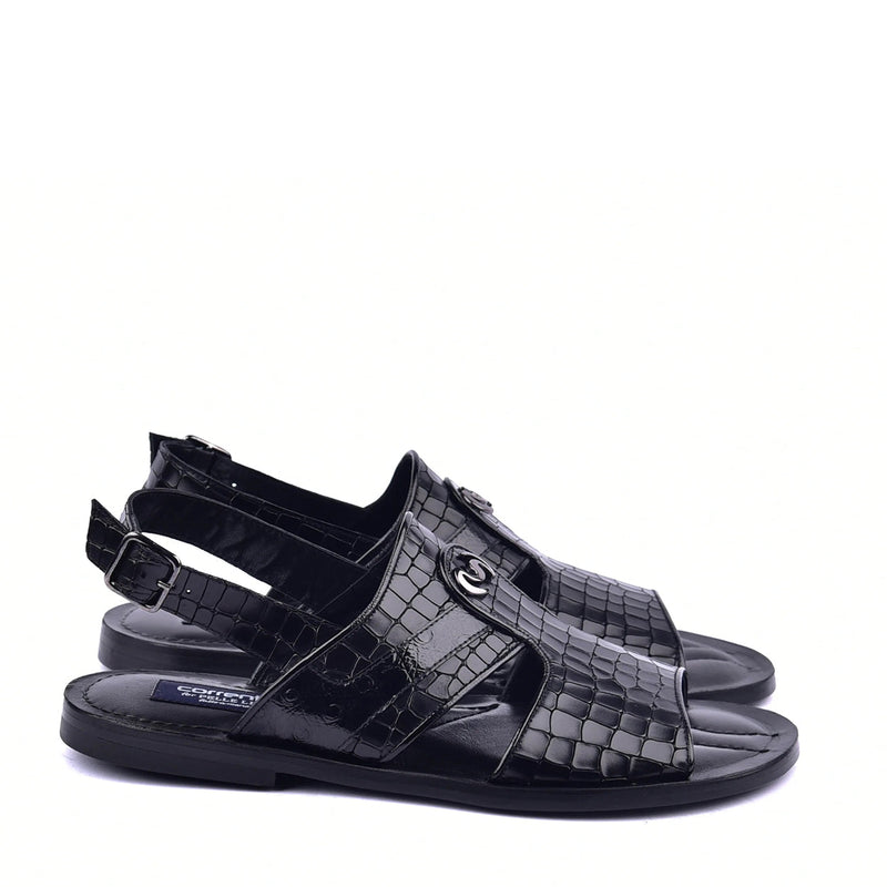 Corrente C0074 5829S Men's Shoes Black Ostrich Leather Sole Sandal (CRT1324)-AmbrogioShoes