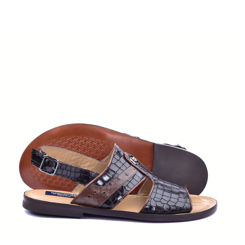 Corrente C0075 5829S Men's Shoes Brown Embossed Leather and Ostrich Sandals (CRT1362)-AmbrogioShoes