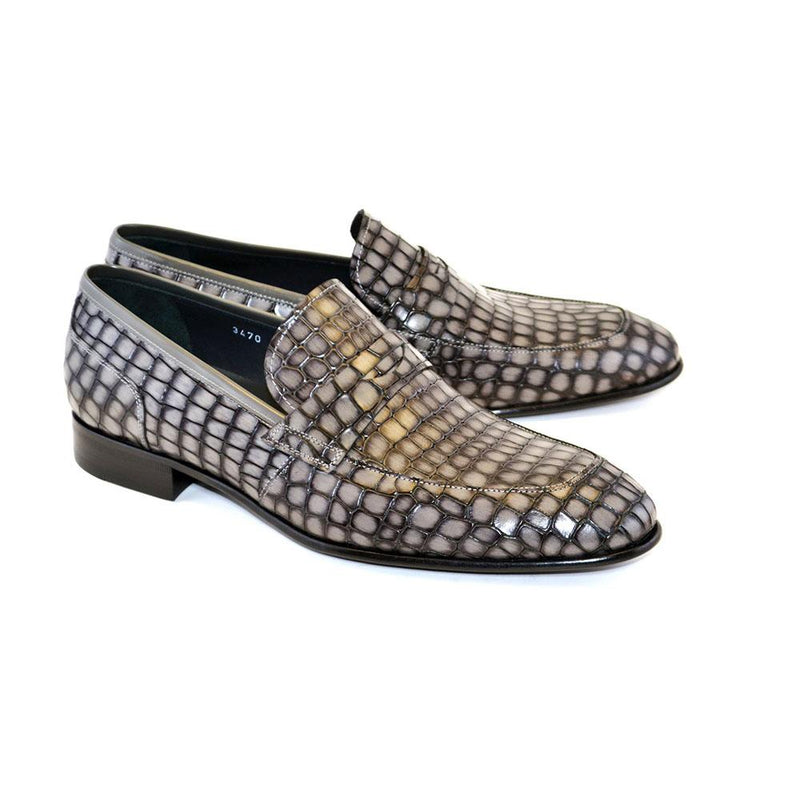 Corrente C017-3470 Men's Shoes Gray Crocodile Print / Calf-Skin Leather Penny Loafers (CRT1221)-AmbrogioShoes