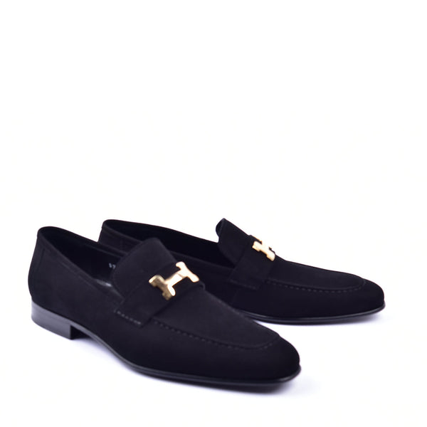 Corrente C02003 5760 Men's Shoes Black Suede Leather H Buckle Loafers (CRT1311)-AmbrogioShoes