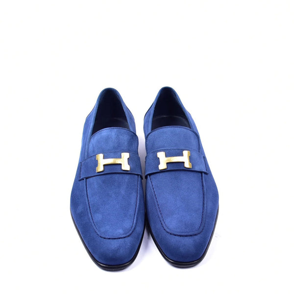 Corrente C02005 5760 Men's Shoes Blue Suede Leather H-Buckle Loafers (CRT1297)-AmbrogioShoes