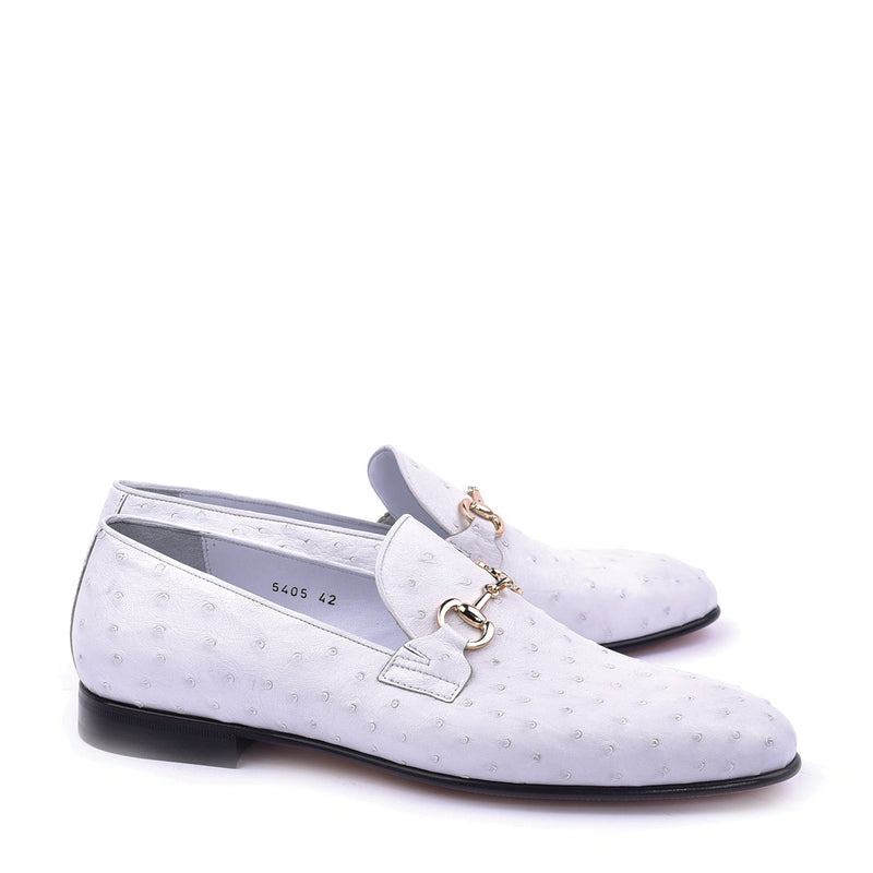 Corrente C02205 5405 Men's Shoes White Ostrich Leather Bit Buckle Loafers (CRT1440)-AmbrogioShoes