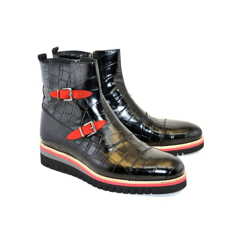 Corrente C033-5784 Men's Shoes Black Crocodile Print / Calf-Skin Leather Buckle Boots (CRT1204)-AmbrogioShoes