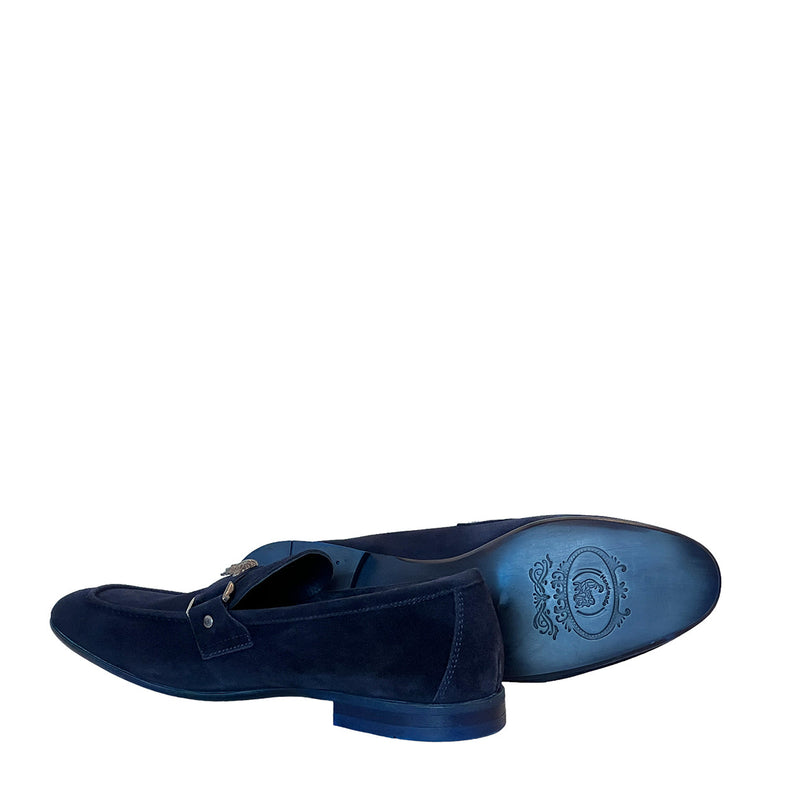 Corrente P000664 5229 Men's Shoes Navy Suede Leather with Medusa Ornament Slip On Loafers (CRT1428)-AmbrogioShoes