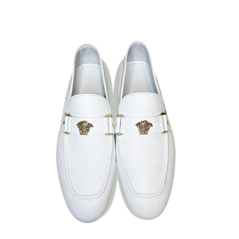 Corrente P000667 5229 Men's Shoes White Leather with Medusa Ornament Slip On Loafers (CRT1431)-AmbrogioShoes