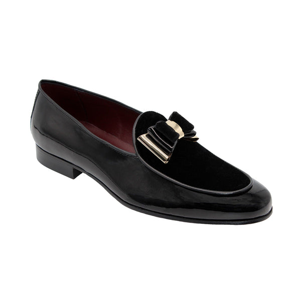 Duca Scala Men's Shoes Black/Gold Patent Leather/Velvet Formal Loafers (D1067)-AmbrogioShoes