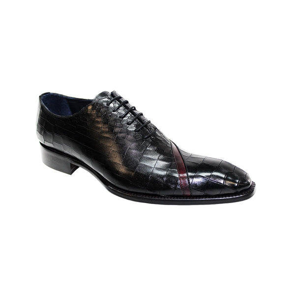 Duca Torre Men's Shoes Black/Antique Red Calf-Skin Croco Print Leather/Calf Oxfords (D1078)-AmbrogioShoes
