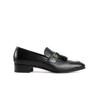 Gucci 624720 1066 Black Calf-Skin Leather with Web and Interlocking G Tassels Loafers (GGM1721)-AmbrogioShoes
