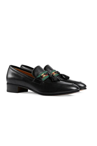 Gucci 624720 1066 Black Calf-Skin Leather with Web and Interlocking G Tassels Loafers (GGM1721)-AmbrogioShoes