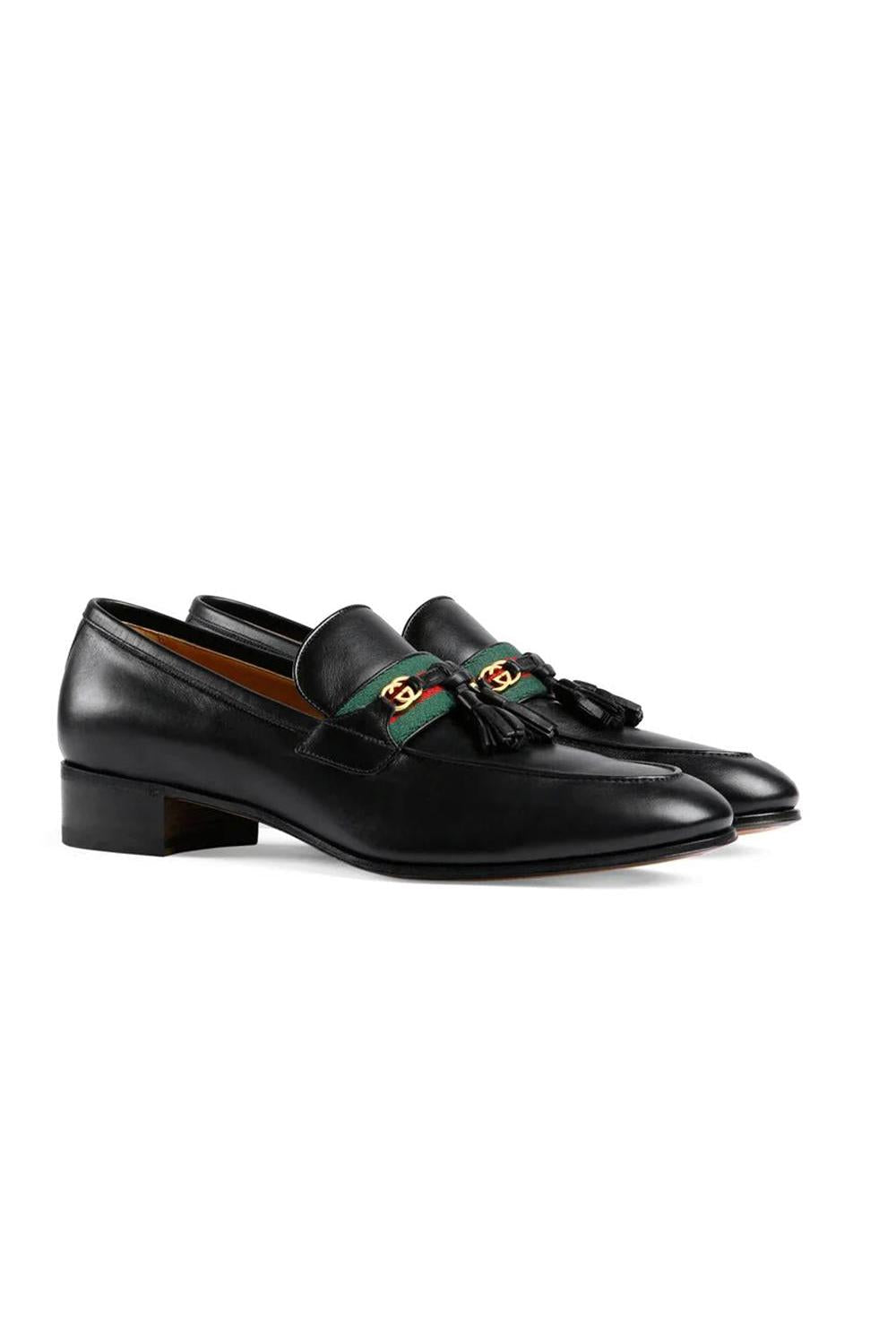 Gucci 624720 1066 Black Calf-Skin Leather with Web and Interlocking G AmbrogioShoes Gucci 624720 1066 Black Calf-Skin Leather with Web and Interlocking G AmbrogioShoes