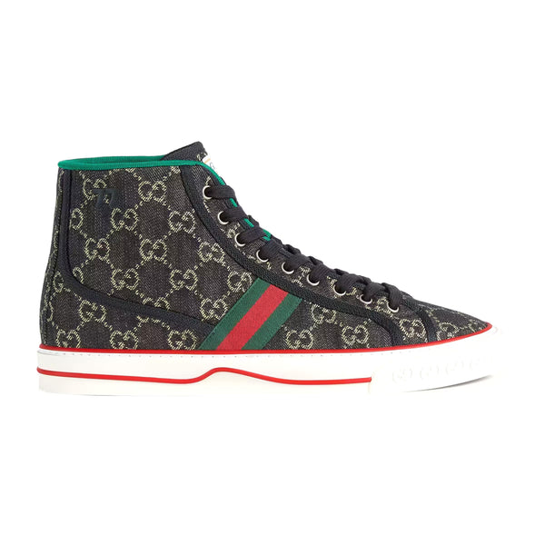 Gucci 625807 UN310 1290 Men's Shoes Black & Ivory Jacquard Denim Tennis 1977 High-Top Sneakers (GGM1735)-AmbrogioShoes