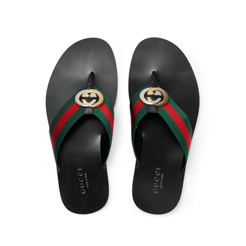 Gucci 630307 H9020 8476 Men's Shoes Black, Red & Green Calf-Skin leather / Fabric Sandals (GGM1722)-AmbrogioShoes