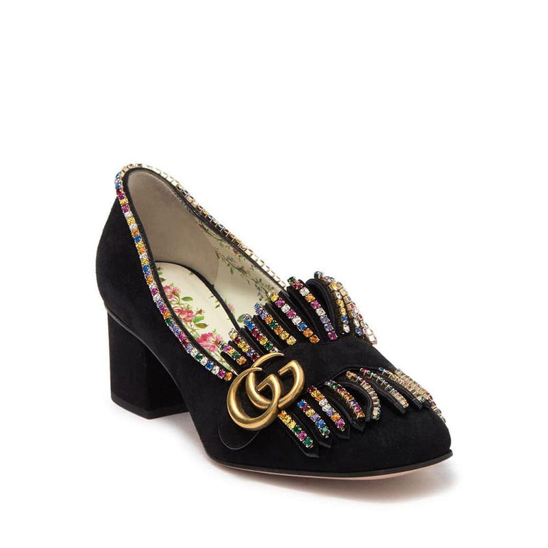 Gucci Embellished 501444 Womens Black Suede Leather Block Heel Pumps (GGW2900)-AmbrogioShoes