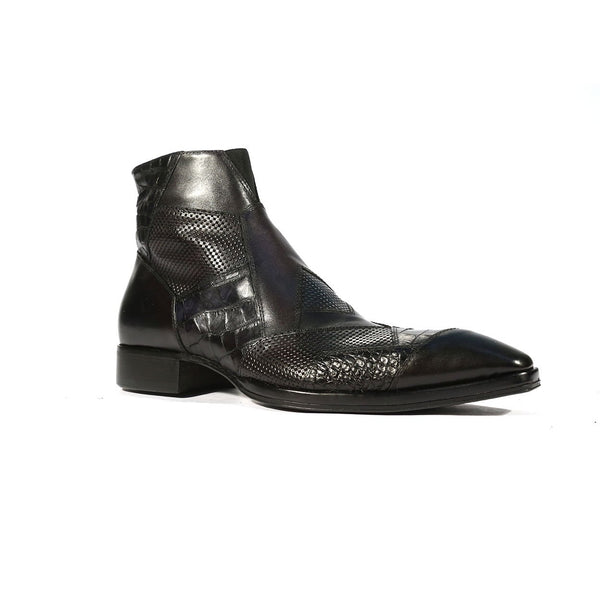 Jo Ghost 2030 Men's Shoes Black & Navy Texture / Crocodile Print / Calf-Skin Leather Boots (JG5255)-AmbrogioShoes