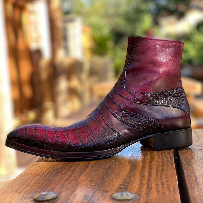 Jo Ghost 2727 BIS Men's Shoes Burgundy Crocodile Print / Buffalo Leather Ankle Boots (JG5302)-AmbrogioShoes