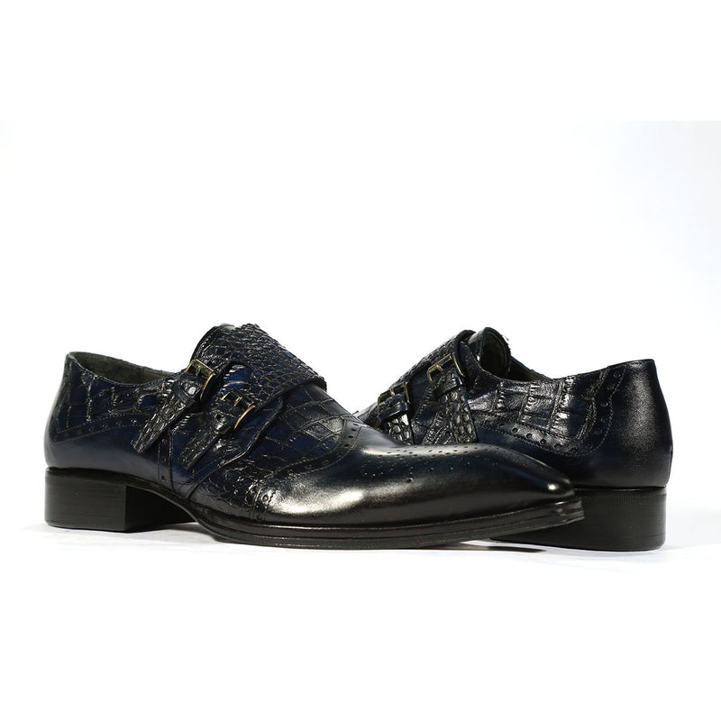 Jo Ghost 984 Men's Shoes Navy Crocodile Print /Calf-Skin Leather Monk-Straps Loafers (JG5261)-AmbrogioShoes