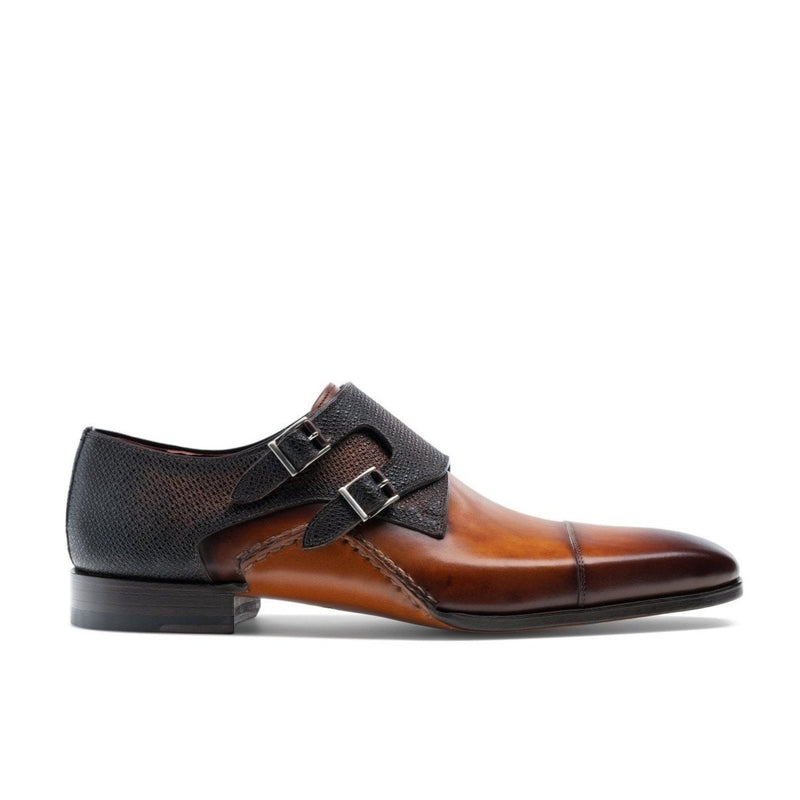 Magnanni 19616 Ondara II Men's Shoes Two-Tone Brown Lizard Print / Calf-Skin Leather Monk-Straps Loafers (MAGS1000)-AmbrogioShoes