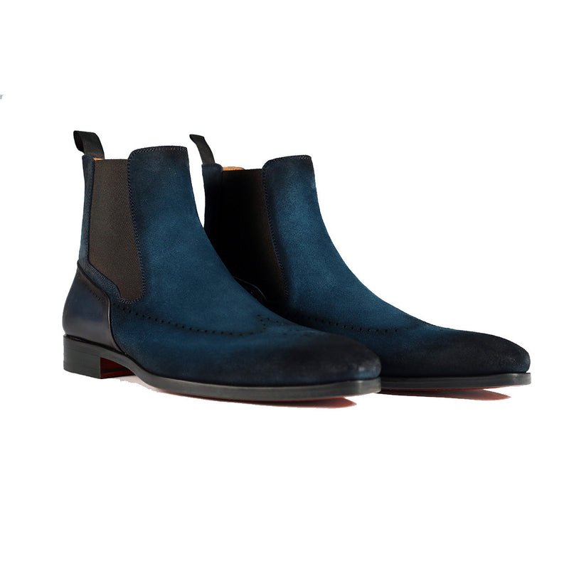 Magnanni 23501 Men's Shoes Turquoise Blue Suede / Patina Leather Chelsea Boots (MAGS1085)-AmbrogioShoes