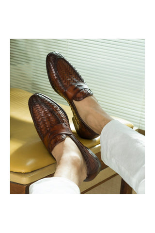 Magnanni 24461 Herman Boltiarcade Cognac Woven Leather Penny Loafers (MAGS1080)-AmbrogioShoes