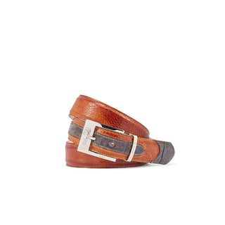 Mauri 0100/35 Men's Mustard & Olive Exotic Crocodile / Ostrich Leg Belt (MAB1040) (Special Order)-AmbrogioShoes