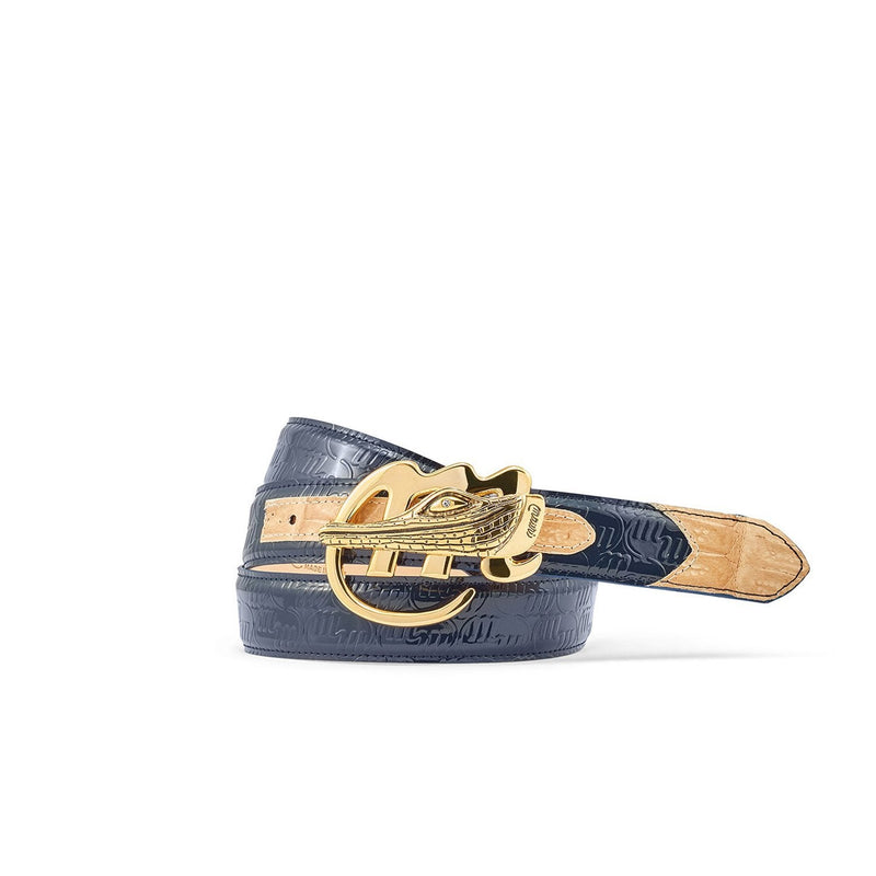 Mauri 0100/35 Men's Wonder Blue & Champagne Exotic Crocodile / Patent Leather Belt (MAB1045)-AmbrogioShoes